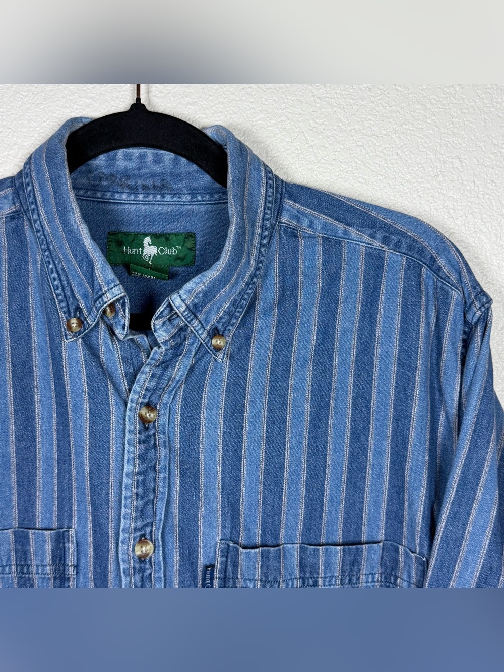 Vintage 90s Men’s L Two Tone Striped Denim 100% Long Sleeve Button Down Workwear